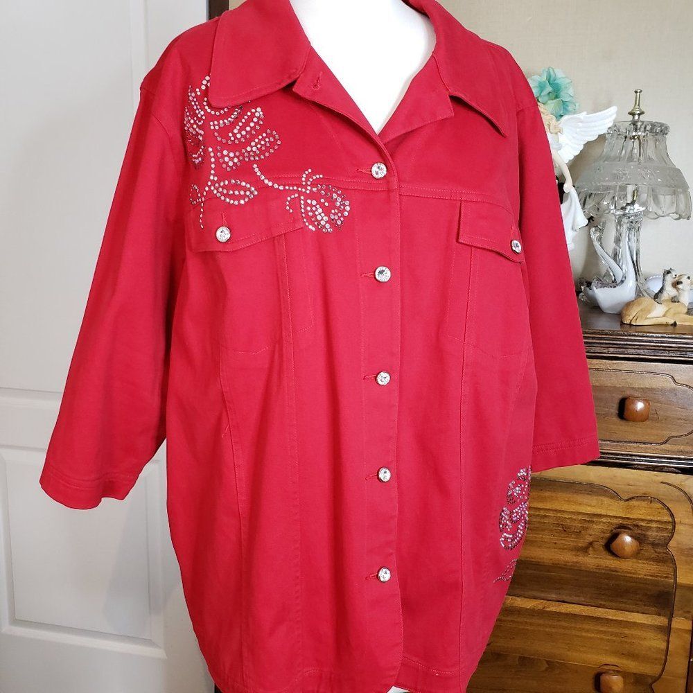 Pretty Quacker Factory Red Rhinestone Rose Jacket womens Plus size 2X
